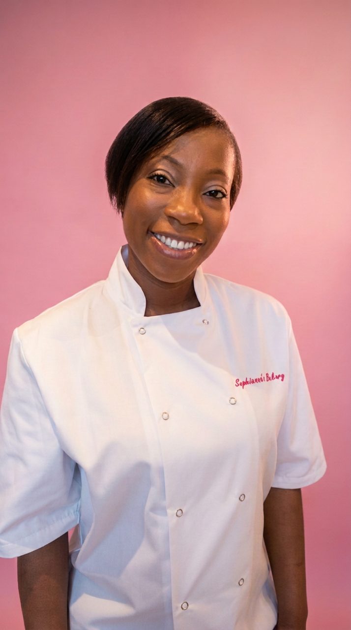 Bola Eyo, founder of Cake Aide Pro, smiling in her Sophianna's Bakery chef whites