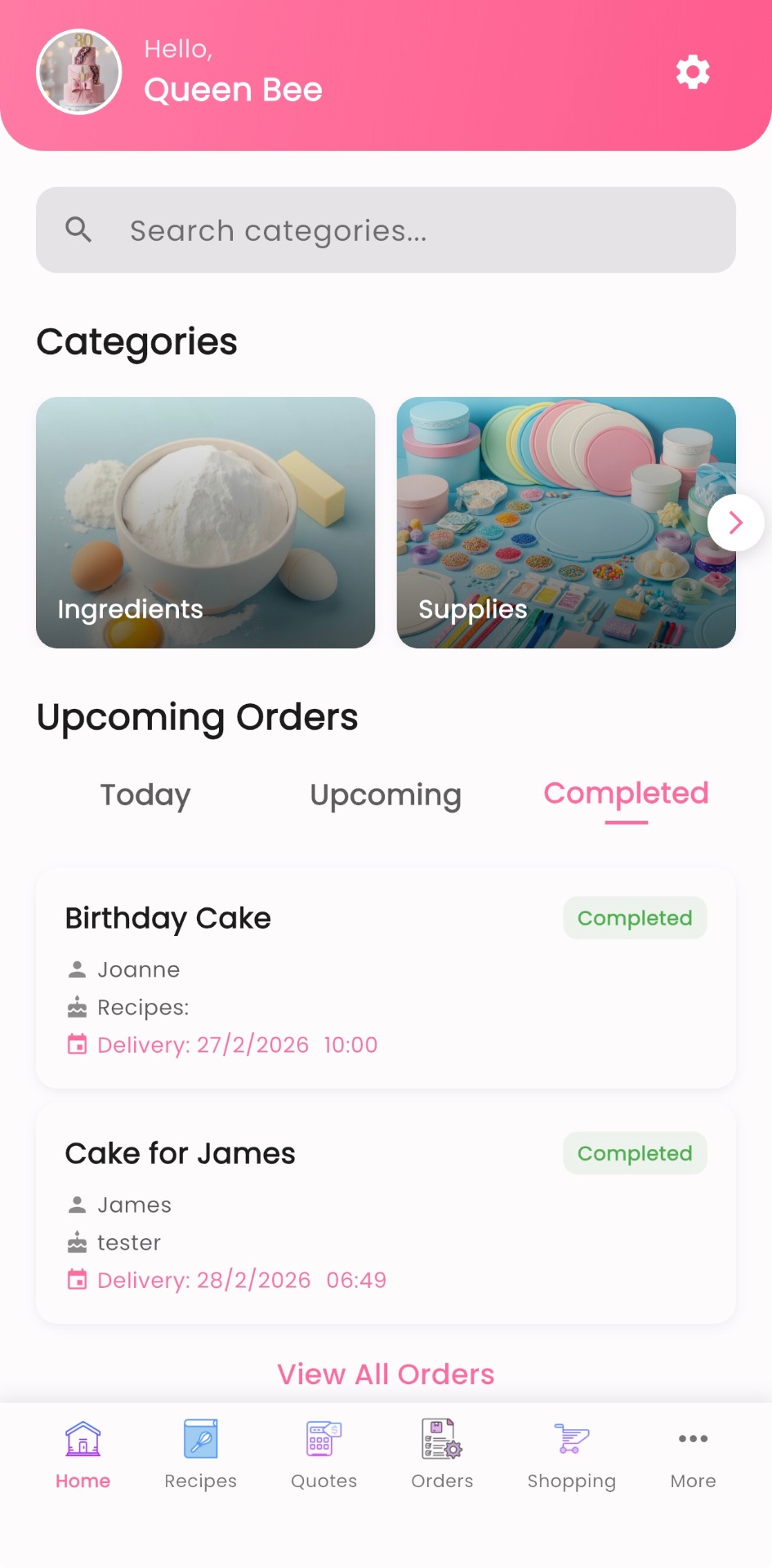 Cake Aide Pro app home screen showing categories and upcoming orders