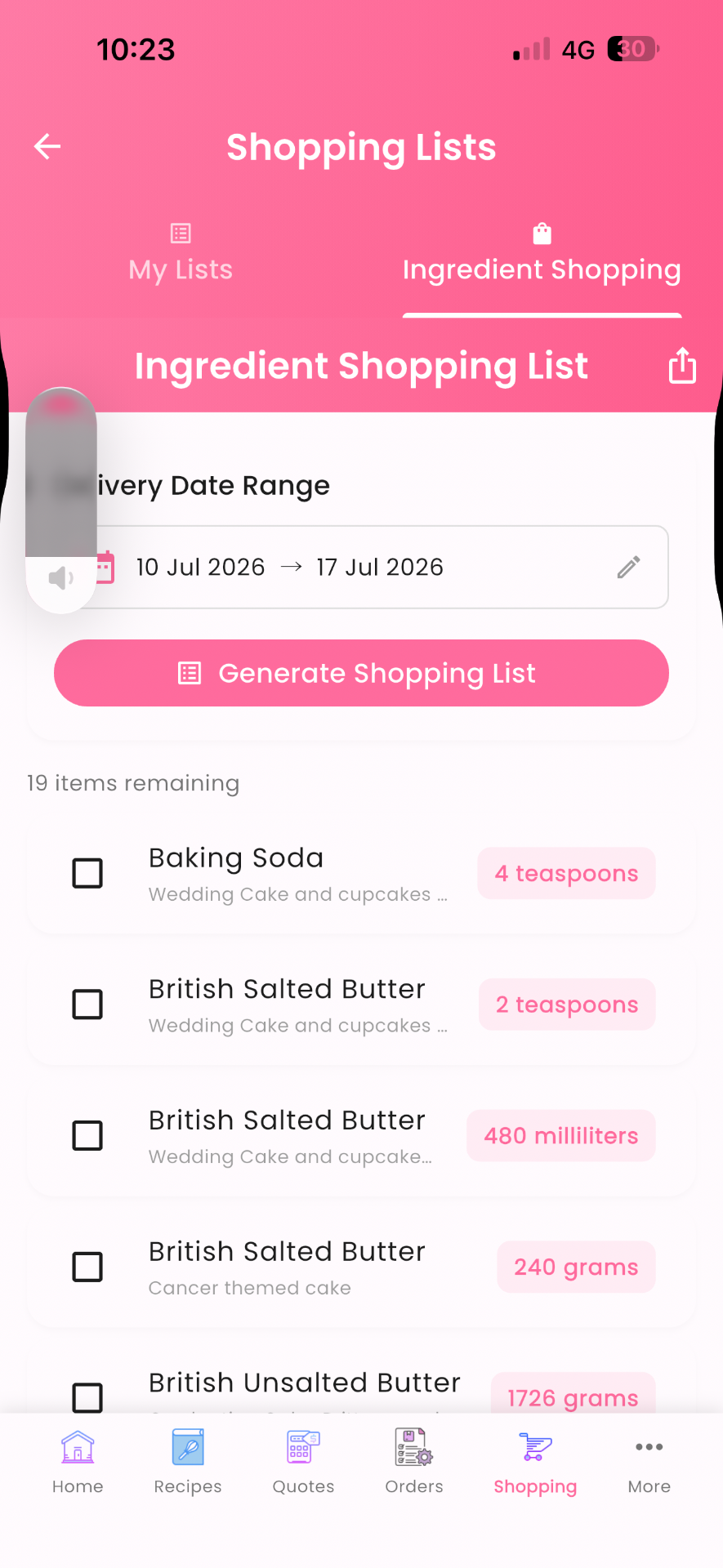 Shopping List screen in Cake Aide Pro
