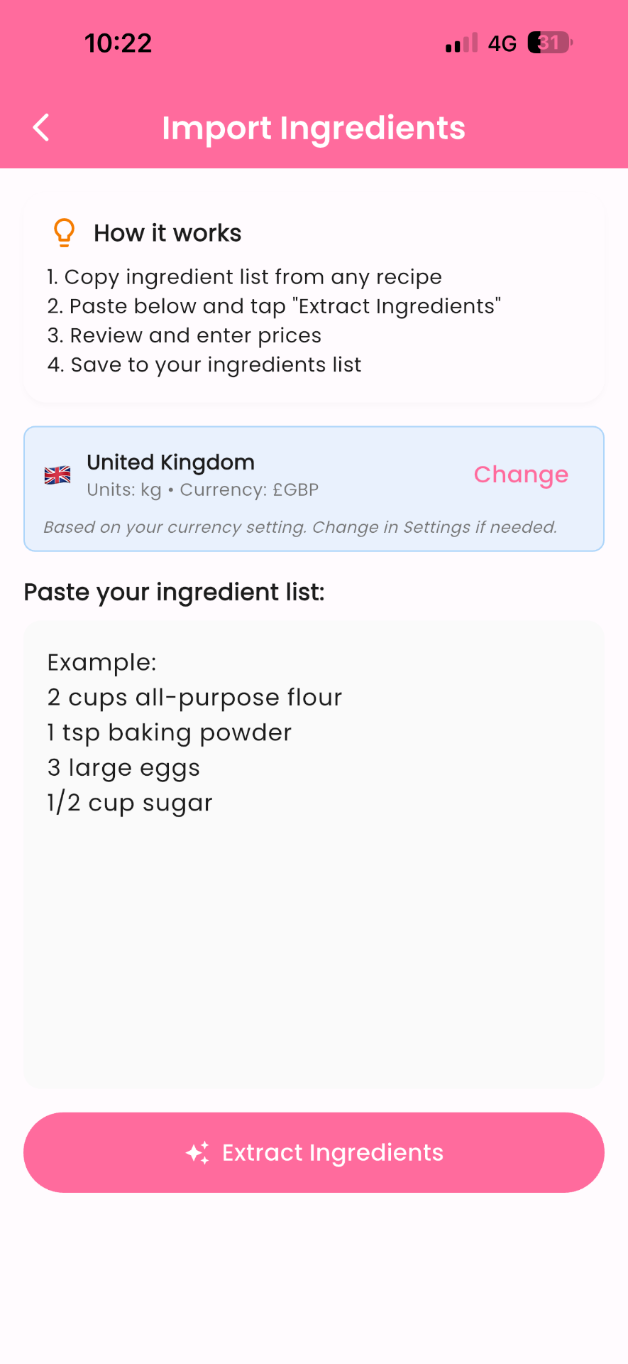 Recipes screen in Cake Aide Pro