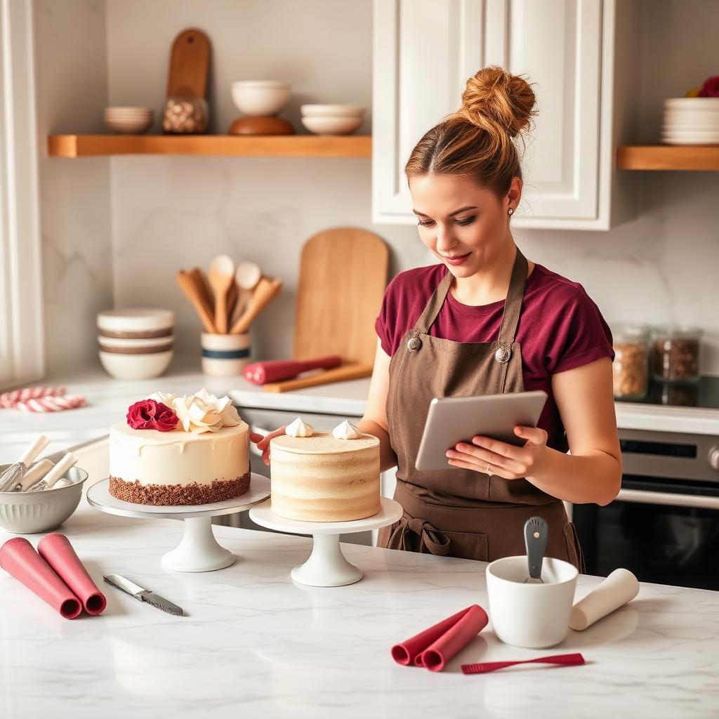 Home baker managing cake orders on a tablet in a bright marble kitchen